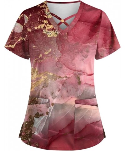 Print Scrubs for Women 2023 Scrub Top Women V-Neck Marble Print Workwear Fashion Short Sleeve Nursing Working Uniform 02-red ...