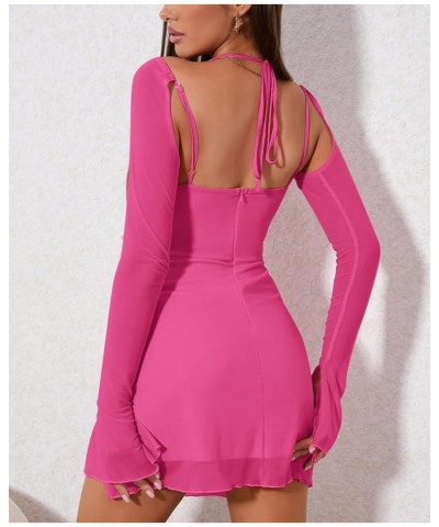 Sexy Women's Halter Flounce Sleeves Ruched Mini Dress Sheer Mesh Side Split Cute Party Short Dresses Hotpink $20.70 Dresses