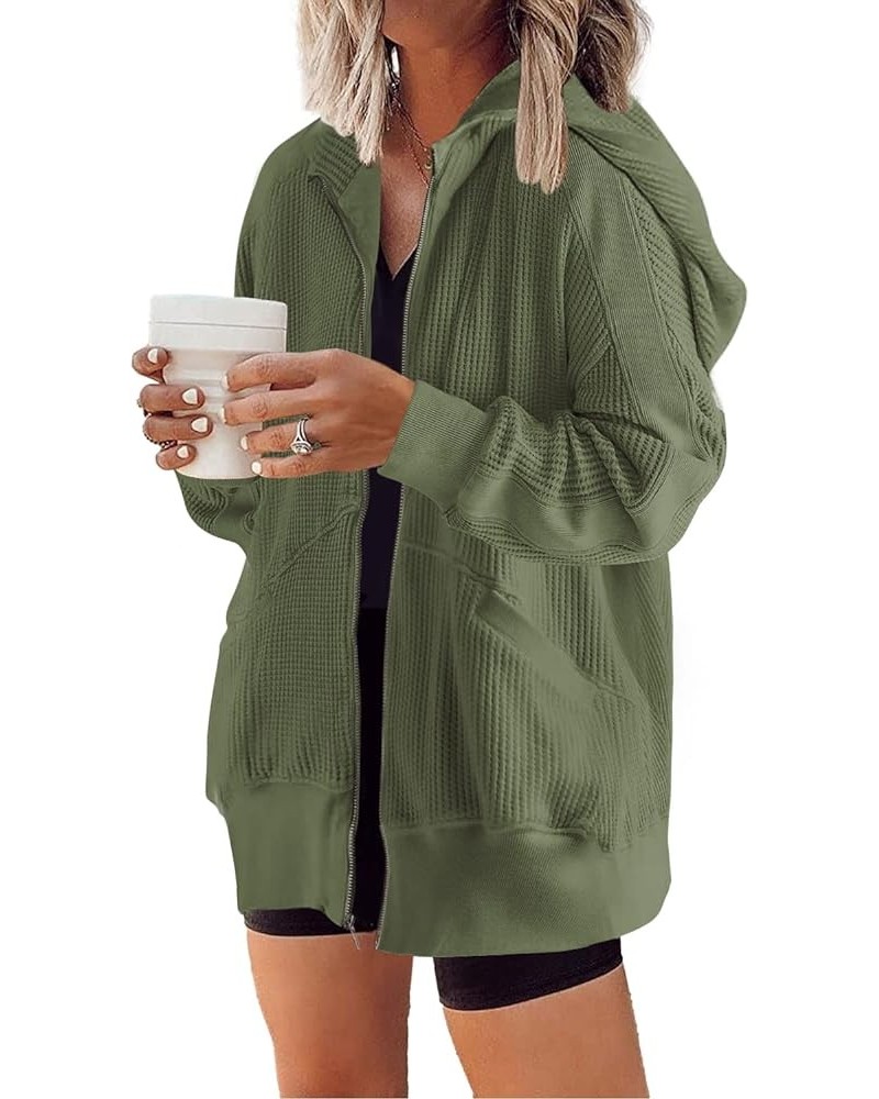 Womens Waffle Knit Jacket Oversized Fall Jacket Zip Up Hoodie With Pocket Shacket Tops 03 Army Green $19.35 Jackets