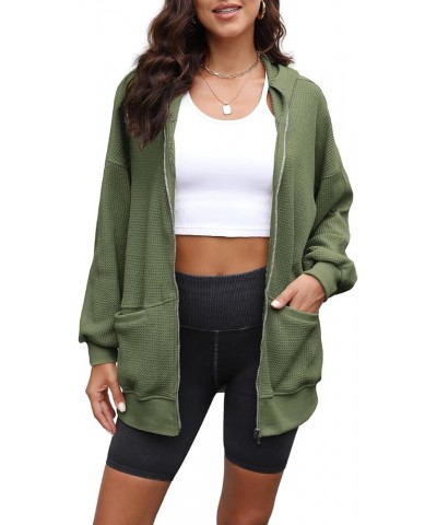 Womens Waffle Knit Jacket Oversized Fall Jacket Zip Up Hoodie With Pocket Shacket Tops 03 Army Green $19.35 Jackets