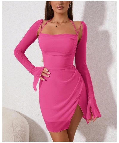 Sexy Women's Halter Flounce Sleeves Ruched Mini Dress Sheer Mesh Side Split Cute Party Short Dresses Hotpink $20.70 Dresses