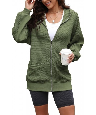 Womens Waffle Knit Jacket Oversized Fall Jacket Zip Up Hoodie With Pocket Shacket Tops 03 Army Green $19.35 Jackets