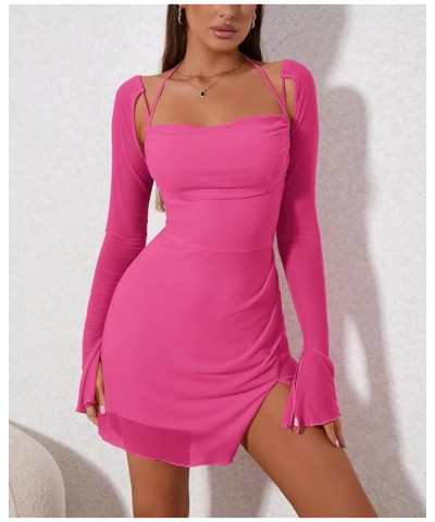 Sexy Women's Halter Flounce Sleeves Ruched Mini Dress Sheer Mesh Side Split Cute Party Short Dresses Hotpink $20.70 Dresses