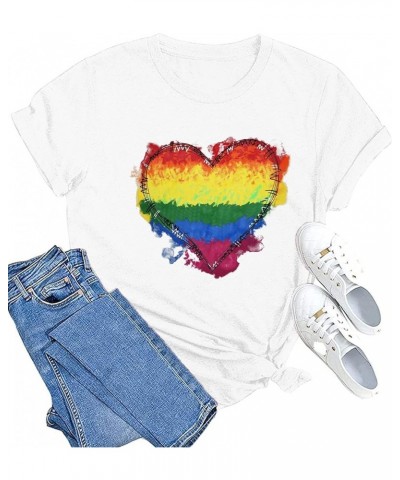 Pride Shirts Womens LGBT Gay Pride Tshirt Rainbow Heart Tee Tops White $10.59 T-Shirts