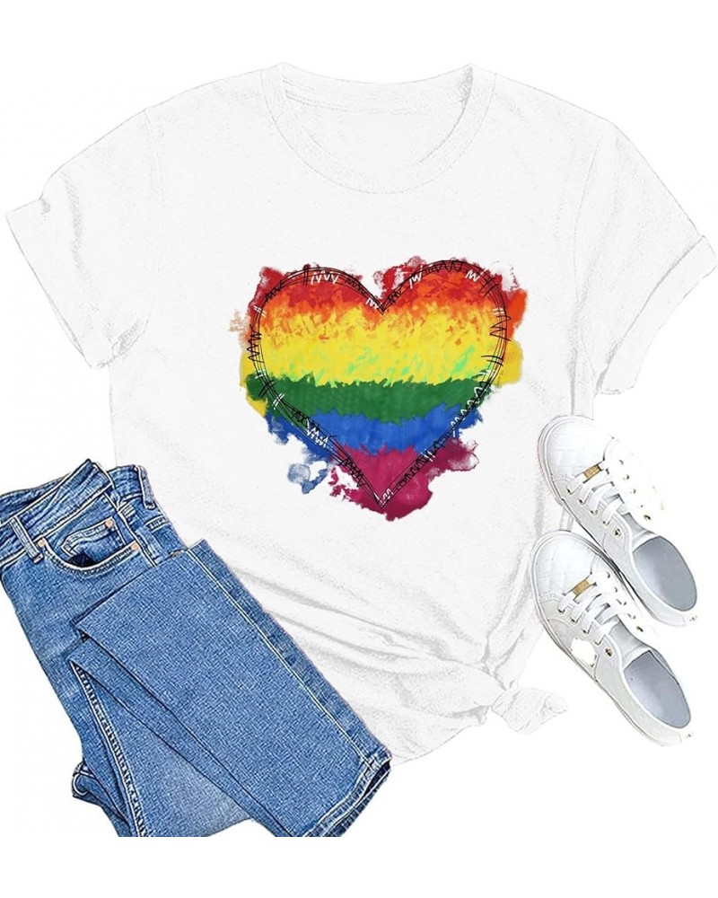 Pride Shirts Womens LGBT Gay Pride Tshirt Rainbow Heart Tee Tops White $10.59 T-Shirts