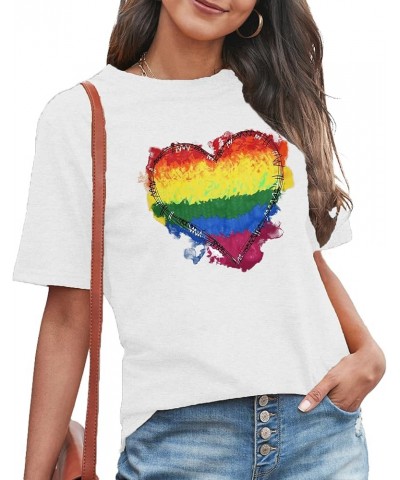 Pride Shirts Womens LGBT Gay Pride Tshirt Rainbow Heart Tee Tops White $10.59 T-Shirts