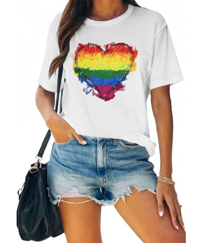 Pride Shirts Womens LGBT Gay Pride Tshirt Rainbow Heart Tee Tops White $10.59 T-Shirts