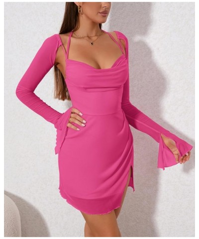 Sexy Women's Halter Flounce Sleeves Ruched Mini Dress Sheer Mesh Side Split Cute Party Short Dresses Hotpink $20.70 Dresses