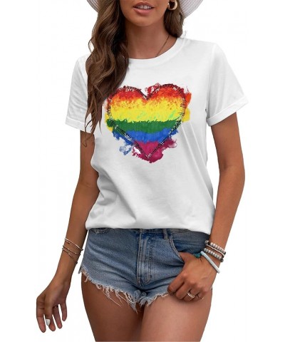 Pride Shirts Womens LGBT Gay Pride Tshirt Rainbow Heart Tee Tops White $10.59 T-Shirts