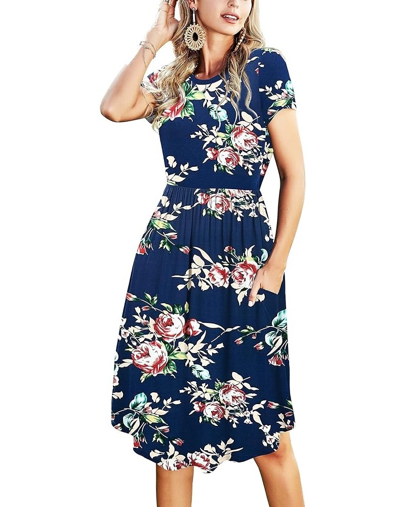 2024 Women's Summer Pockets Teacher Work Casual Midi Dresses Floral/Navy-f01 $20.90 Dresses