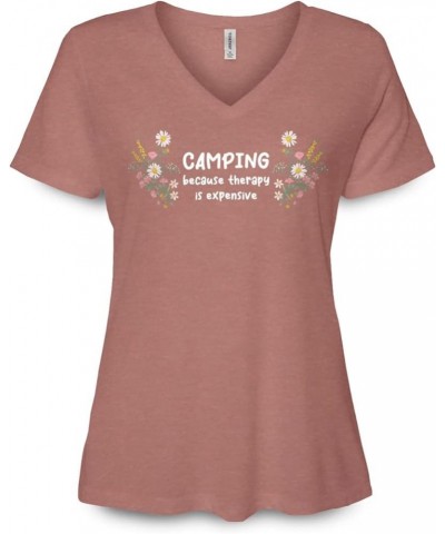 Camping Because Therapy is Expensive Cute Flowery Women's Fit Graphic V-Neck Tee Heather Mauve $12.97 T-Shirts