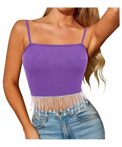 Women's Rhinestone Fringe Crop Top Sleeveless Ribbed Tank Tops Camisole Purple Diamond Top $12.79 Tanks