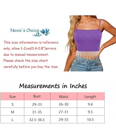 Women's Rhinestone Fringe Crop Top Sleeveless Ribbed Tank Tops Camisole Purple Diamond Top $12.79 Tanks