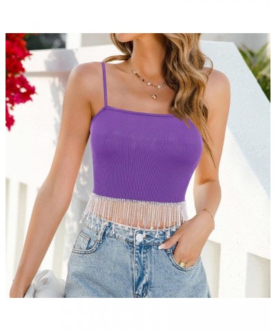 Women's Rhinestone Fringe Crop Top Sleeveless Ribbed Tank Tops Camisole Purple Diamond Top $12.79 Tanks