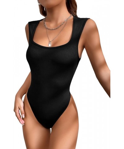 Women's Solid Square Neck Sleeveless Rib Knit Tank Bodysuit Jumpsuit Black $9.43 Bodysuits