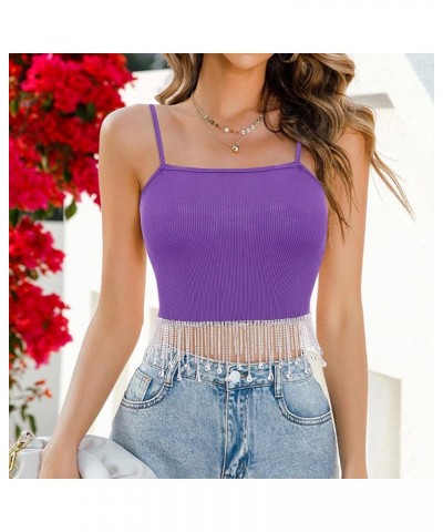 Women's Rhinestone Fringe Crop Top Sleeveless Ribbed Tank Tops Camisole Purple Diamond Top $12.79 Tanks