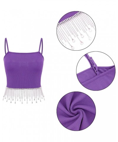 Women's Rhinestone Fringe Crop Top Sleeveless Ribbed Tank Tops Camisole Purple Diamond Top $12.79 Tanks