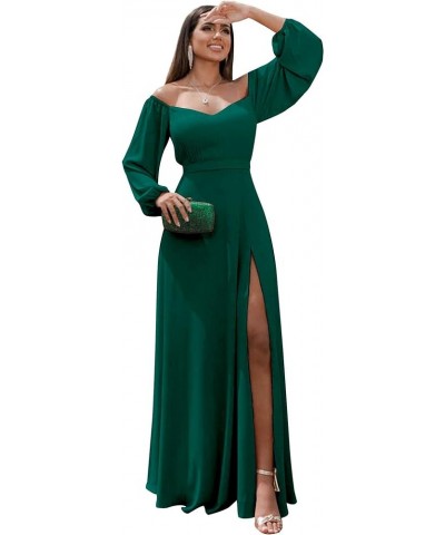 Women's Long Sleeve Bridesmaid Dresses with Slit A Line Off The Shoulder Chiffon Formal Evening Gown Teal $34.21 Dresses