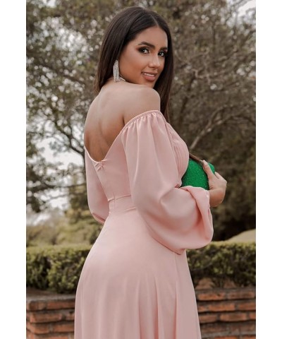 Women's Long Sleeve Bridesmaid Dresses with Slit A Line Off The Shoulder Chiffon Formal Evening Gown Teal $34.21 Dresses