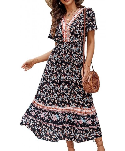 Women's Summer Boho Maxi Dresses Casual Short Sleeve V Neck Button Up Flowy Ruffle Hem Long Beach Dress Black $14.35 Dresses