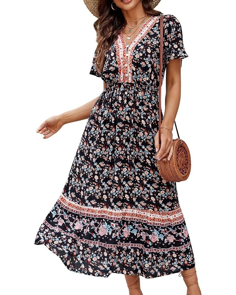 Women's Summer Boho Maxi Dresses Casual Short Sleeve V Neck Button Up Flowy Ruffle Hem Long Beach Dress Black $14.35 Dresses