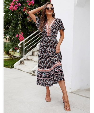 Women's Summer Boho Maxi Dresses Casual Short Sleeve V Neck Button Up Flowy Ruffle Hem Long Beach Dress Black $14.35 Dresses