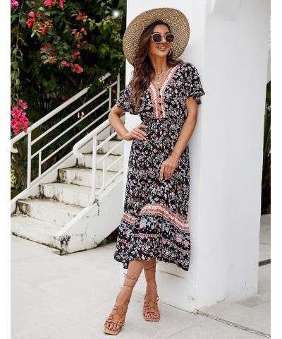 Women's Summer Boho Maxi Dresses Casual Short Sleeve V Neck Button Up Flowy Ruffle Hem Long Beach Dress Black $14.35 Dresses