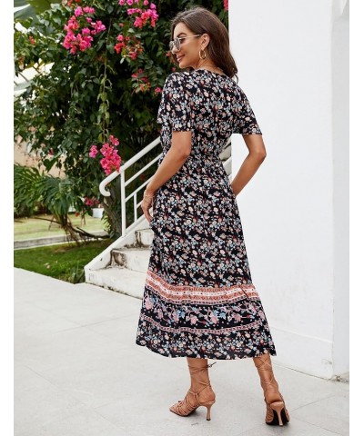 Women's Summer Boho Maxi Dresses Casual Short Sleeve V Neck Button Up Flowy Ruffle Hem Long Beach Dress Black $14.35 Dresses