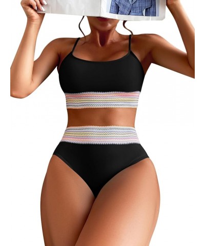 Women's 2 Piece Color Block Bikini Set Wireless Swimsuit High Waisted Bathing Suit Black $14.96 Swimsuits