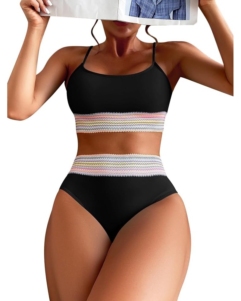 Women's 2 Piece Color Block Bikini Set Wireless Swimsuit High Waisted Bathing Suit Black $14.96 Swimsuits