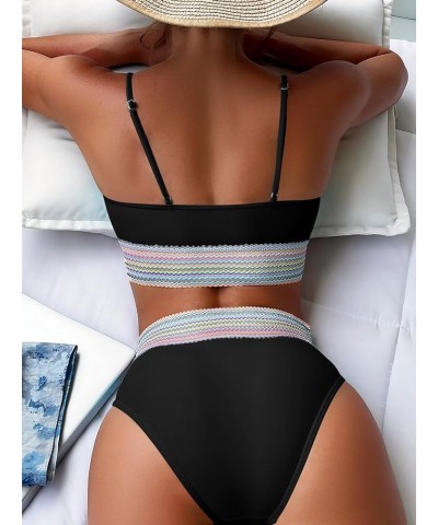 Women's 2 Piece Color Block Bikini Set Wireless Swimsuit High Waisted Bathing Suit Black $14.96 Swimsuits