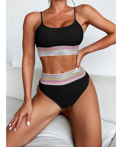 Women's 2 Piece Color Block Bikini Set Wireless Swimsuit High Waisted Bathing Suit Black $14.96 Swimsuits