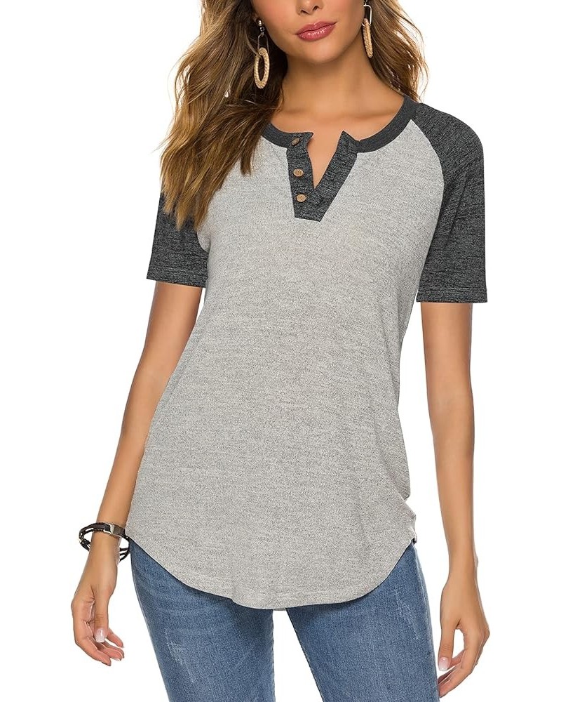 Women's Raglan Round Neck Summer Tops Ladies Basic Button Henley Shirt Boyfriend Style Blouse A-dark Gray Sleeve+gray $12.90 ...