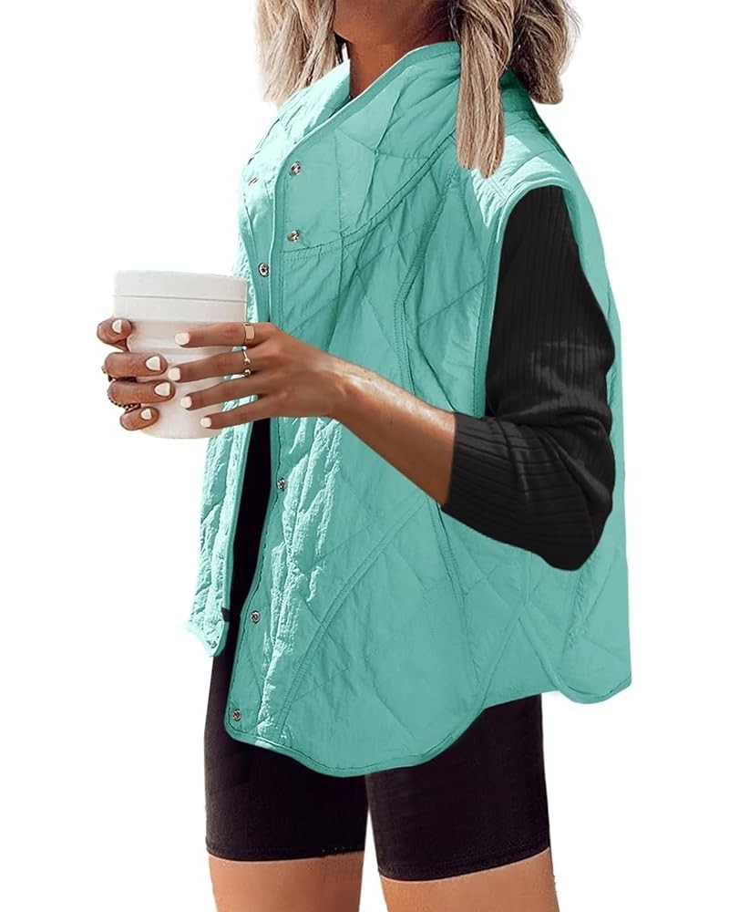 Womens Quilted Vest Oversized Puffer Vest Lightweight Puffy Outerwear with Pockets Button Down Padded Gilet Light Turquoise $...