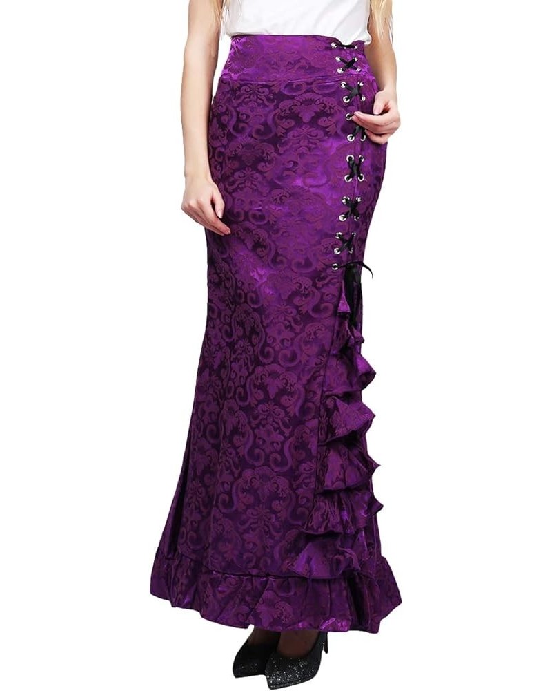 Women's Gothic Vintage Victorian Steampunk Lace-Up Tiered Ruffled Fishtail Mermaid Maxi Skirt Purple $12.00 Others