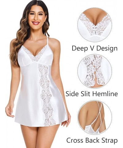 Women Lingerie Satin Lace Chemise Nightgown V Neck Sexy Full Slips Sleepwear Dress A White $11.59 Lingerie