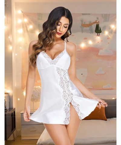 Women Lingerie Satin Lace Chemise Nightgown V Neck Sexy Full Slips Sleepwear Dress A White $11.59 Lingerie