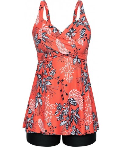 Women's Plus Size Tankini Swimsuits Twist Front Two Piece Bathing Suits with Shorts Orange White Leaves $20.24 Swimsuits