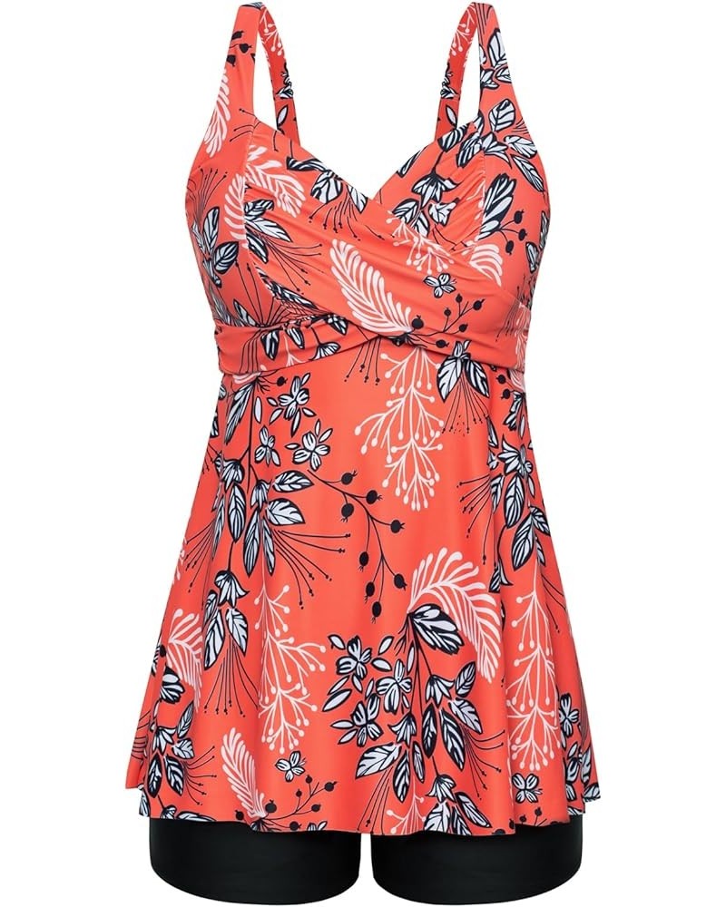 Women's Plus Size Tankini Swimsuits Twist Front Two Piece Bathing Suits with Shorts Orange White Leaves $20.24 Swimsuits