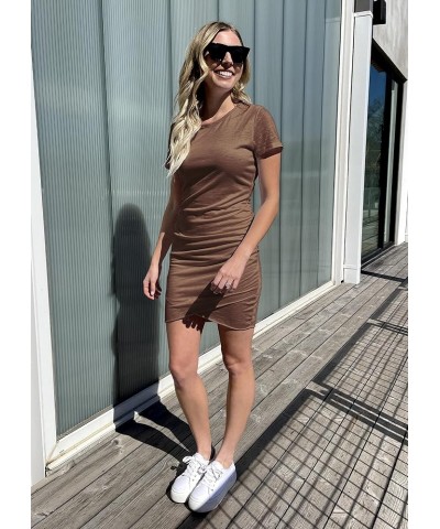 Women's 2024 Summer Casual Beach Dresses Crew Neck Short Sleeve Wrap Party Club Mini Ruched Bodycon T Shirt Dress Dark Brown ...