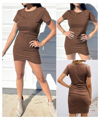 Women's 2024 Summer Casual Beach Dresses Crew Neck Short Sleeve Wrap Party Club Mini Ruched Bodycon T Shirt Dress Dark Brown ...