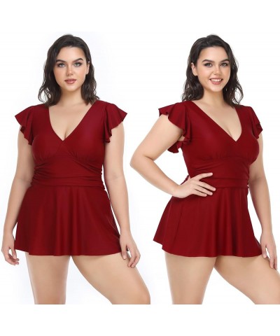 Women's One Piece Plus Size Swimsuits Tummy Control Swimwear with Boyshort Red $12.41 Swimsuits