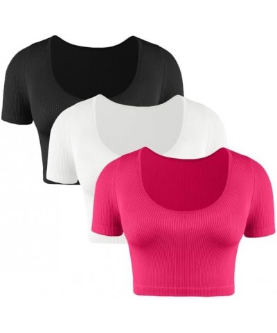 3 Pack Women's Crop Tops Short Sleeve,Scoop Neck Basic Tees,Solid Slim Ribbed Seamless Cute Shirts for Teens Black+white+hot ...