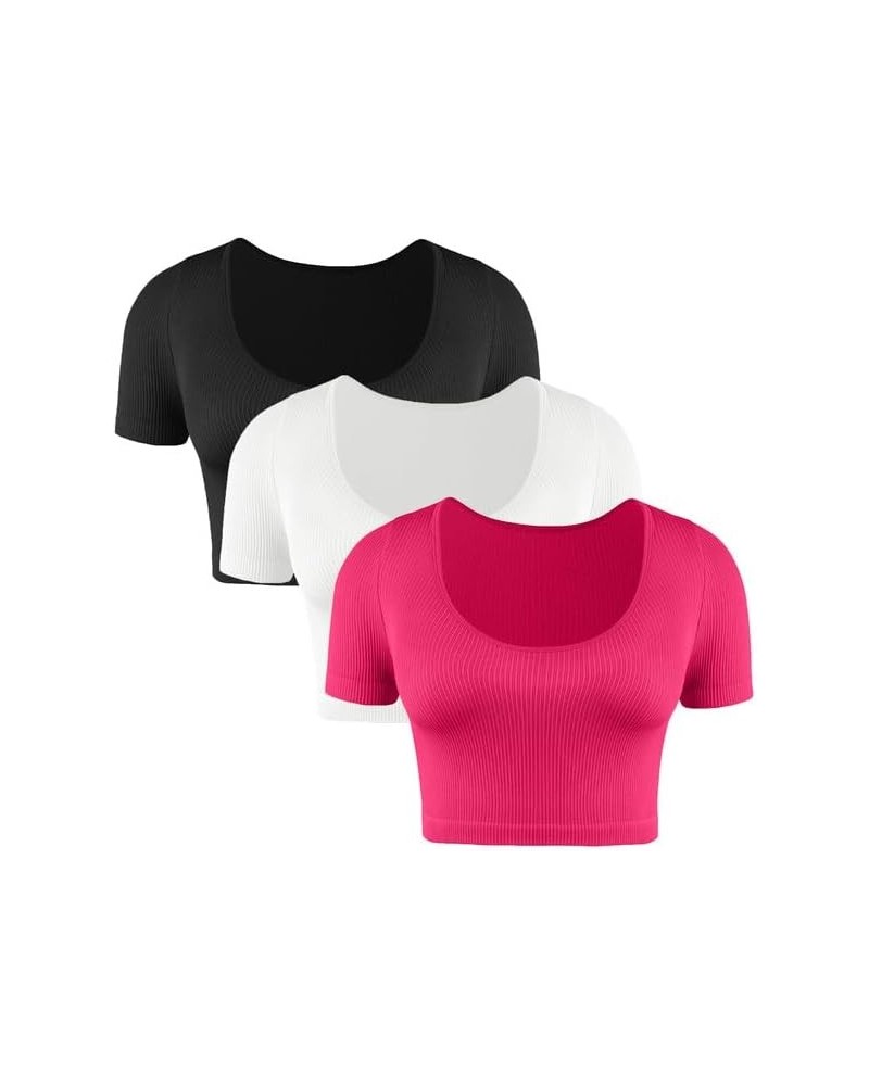 3 Pack Women's Crop Tops Short Sleeve,Scoop Neck Basic Tees,Solid Slim Ribbed Seamless Cute Shirts for Teens Black+white+hot ...