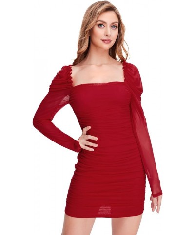 Women's Square Neck Mesh Overlay Puff Long Gigot Sleeve Frill Trim Bodycon Dress Ruched Red $18.04 Others