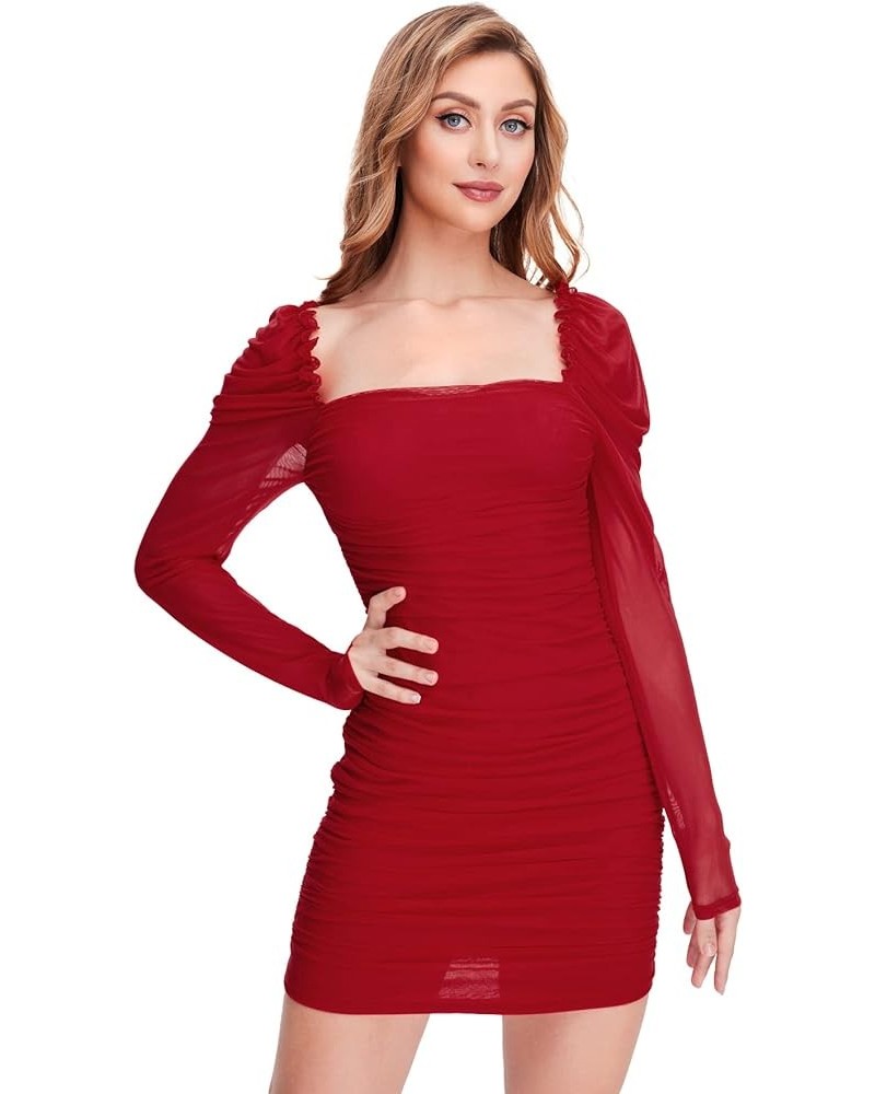 Women's Square Neck Mesh Overlay Puff Long Gigot Sleeve Frill Trim Bodycon Dress Ruched Red $18.04 Others