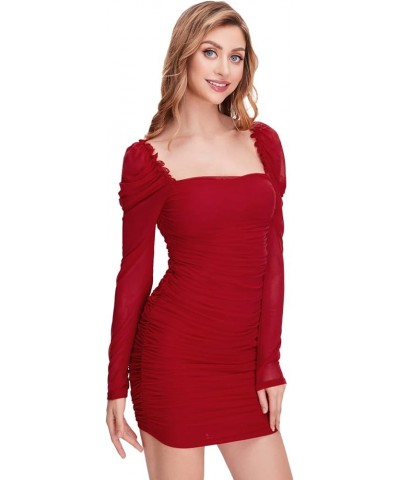 Women's Square Neck Mesh Overlay Puff Long Gigot Sleeve Frill Trim Bodycon Dress Ruched Red $18.04 Others