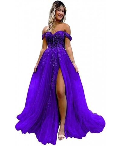 Off The Shoulder Tulle Prom Dress for Women Laces Appliques Sequin A Line Formal Dresses with Slit Grape $35.28 Dresses