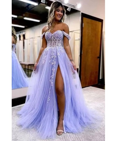 Off The Shoulder Tulle Prom Dress for Women Laces Appliques Sequin A Line Formal Dresses with Slit Grape $35.28 Dresses