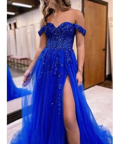 Off The Shoulder Tulle Prom Dress for Women Laces Appliques Sequin A Line Formal Dresses with Slit Grape $35.28 Dresses